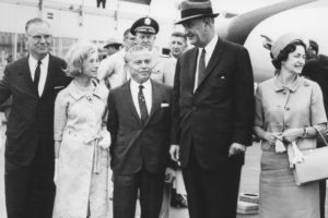 President Lyndon B. Johnson and Lady Bird Johnson with Sam and Mitizi Newhouse and Chancellor William Tolley at the Syracuse airport in 1964