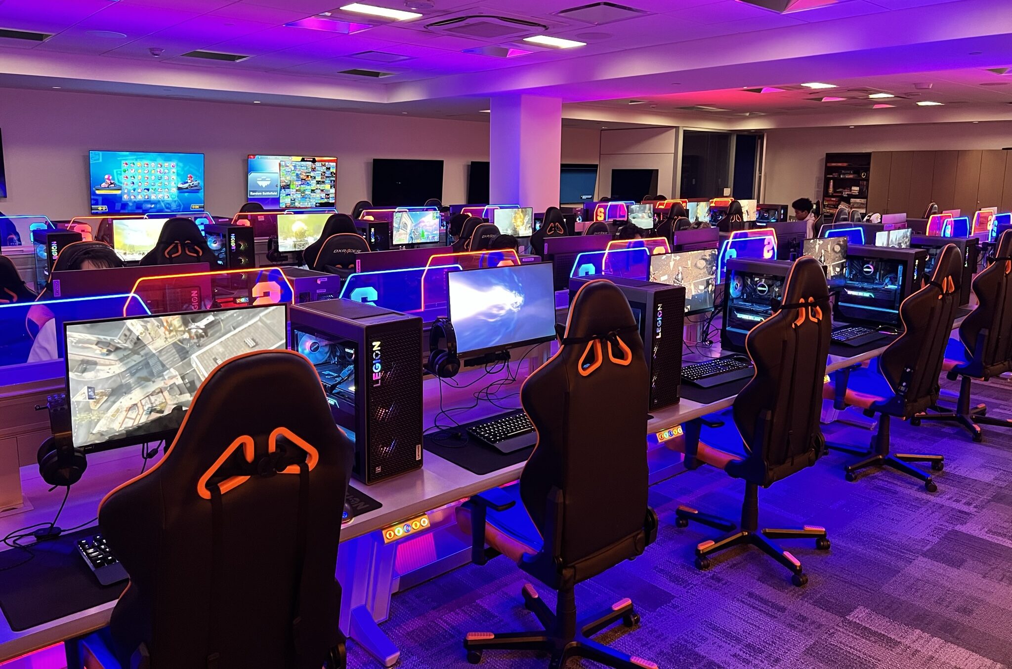esports facility with computers and mood lighting