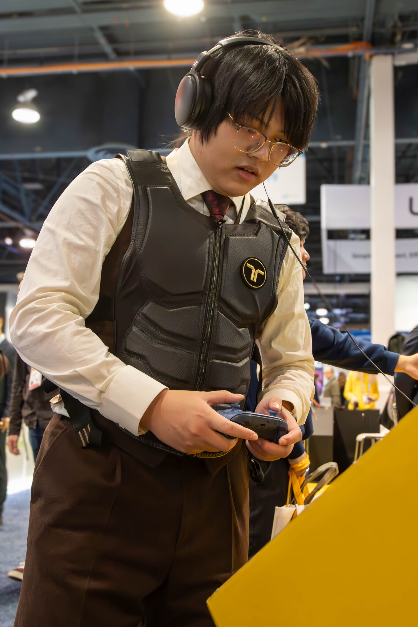 a person participates in a demo of a haptic gaming experience 