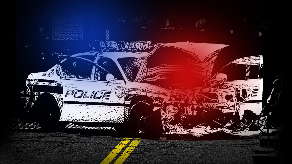Photo illustration of a crash involving a police car