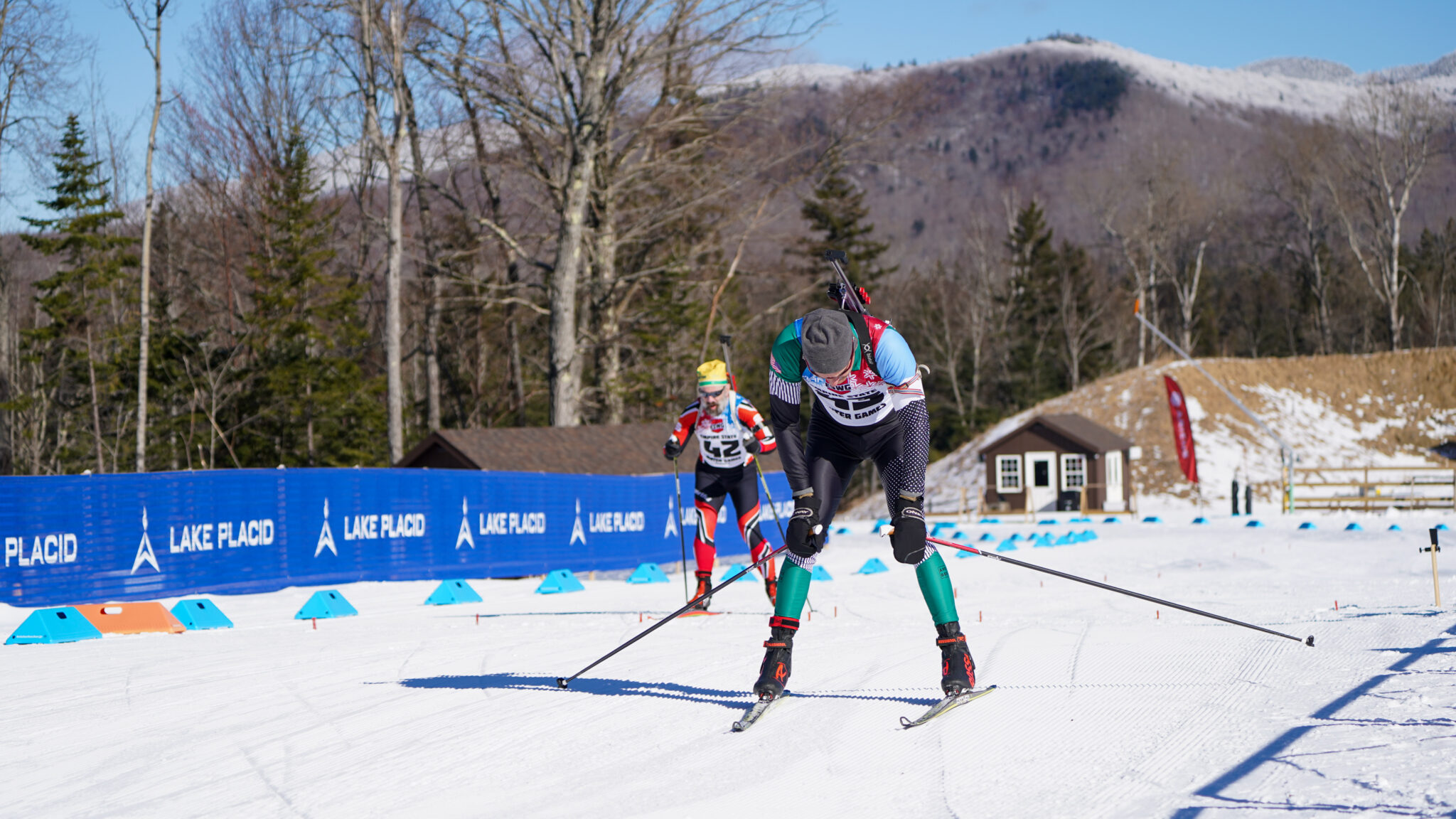 Athletes race to the finish line of a Biathlon competition