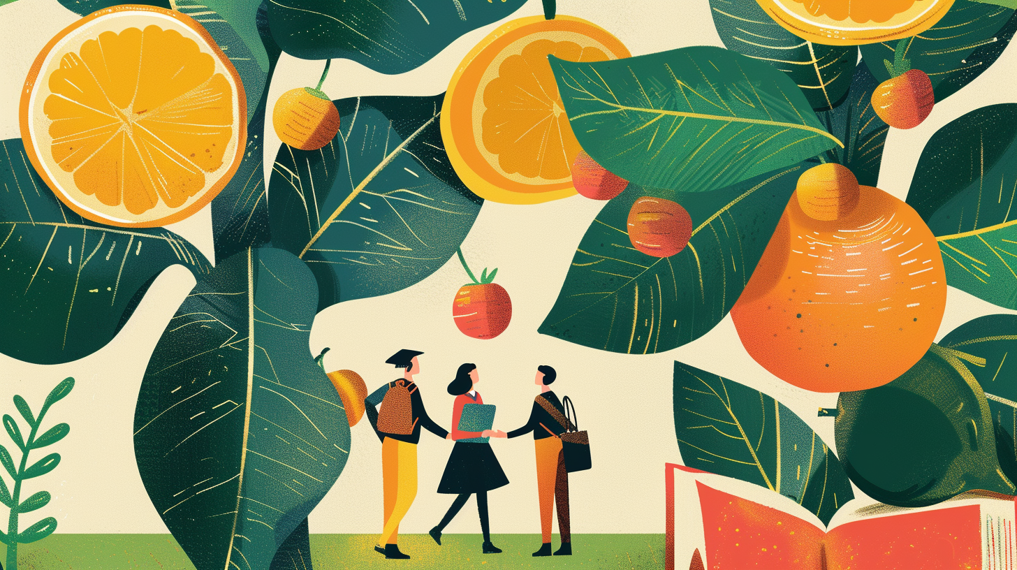 an animated graphic of people greeting each other under orange trees