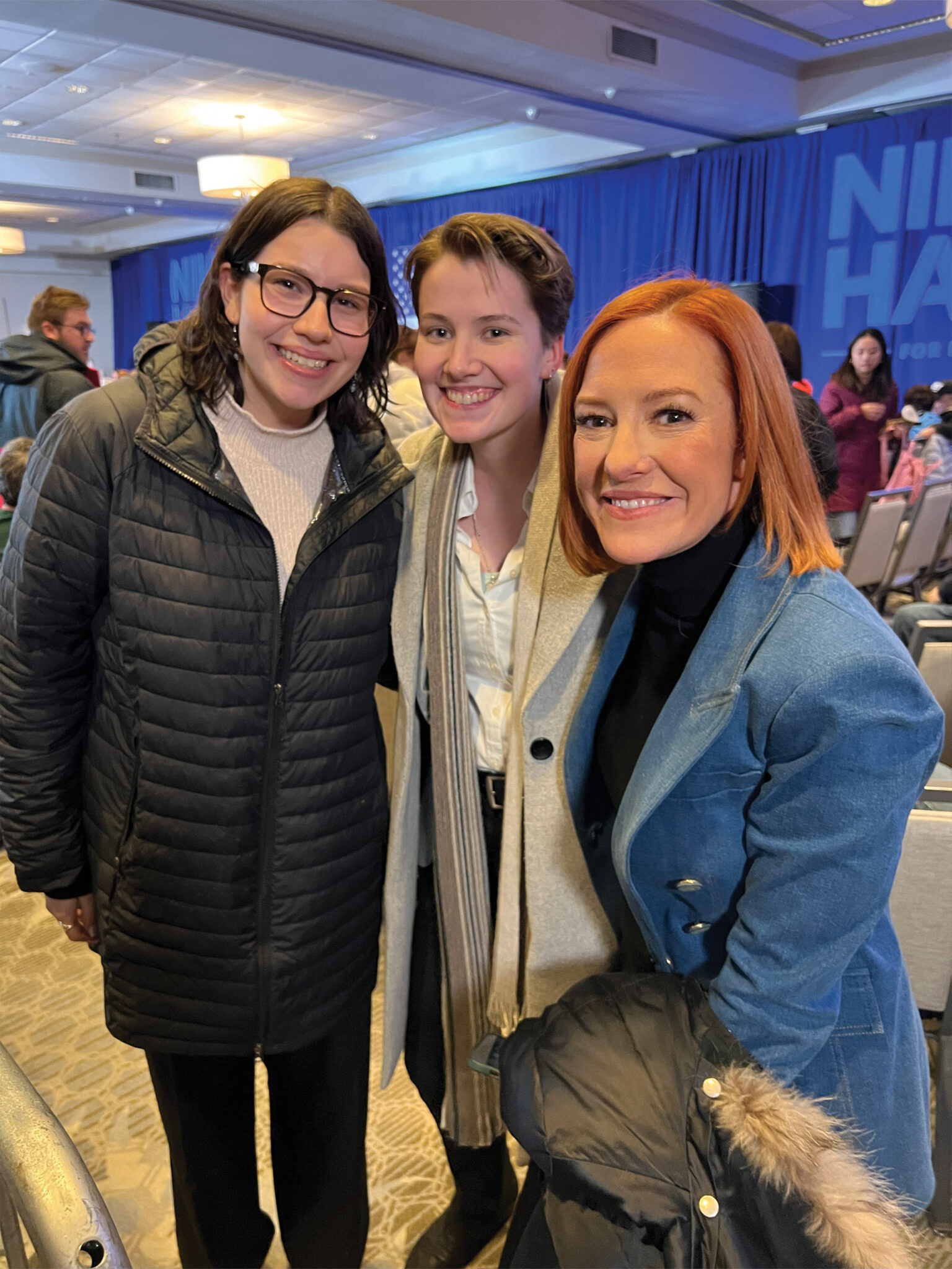 Magazine, news and digital journalism sophomore Danielle Blyn (left) and senior Eden Stratton (center) meet MSNBC host and former White House press secretary Jen Psaki while covering a Nikki Haley rally in Nashua, N.H.