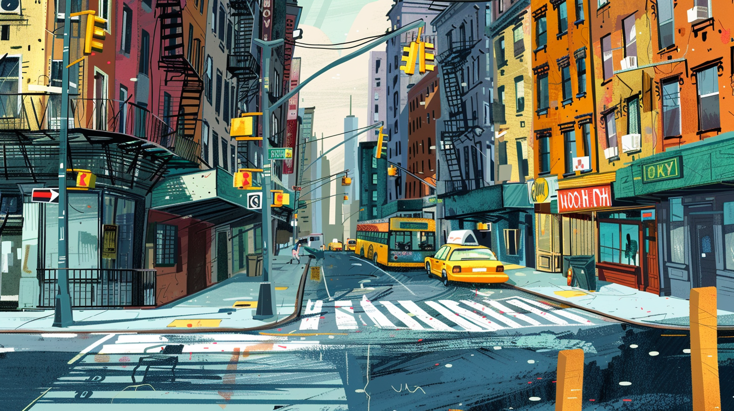 an animated graphic of a new york city street