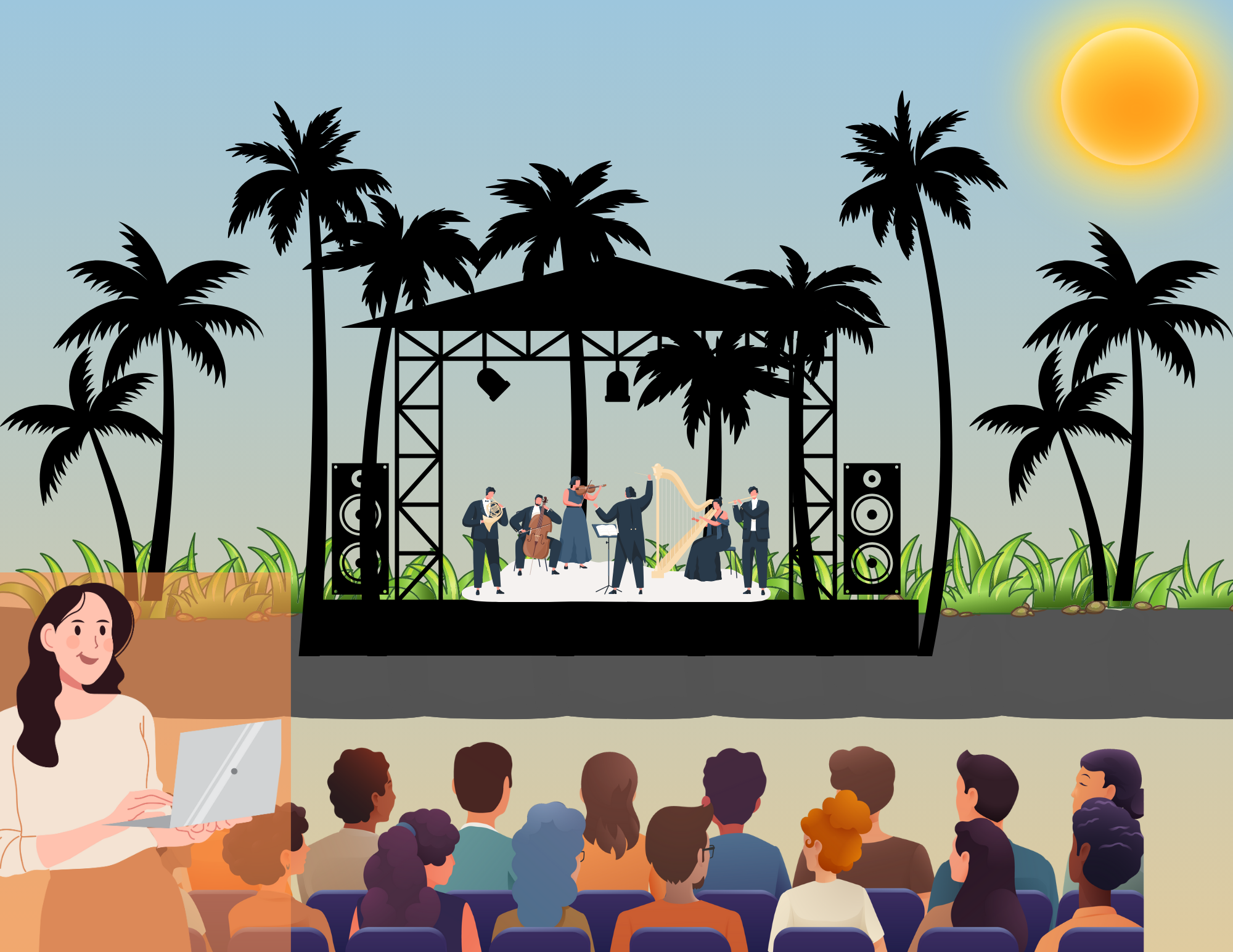 animated image of a stage and audience with palm trees behind the stage