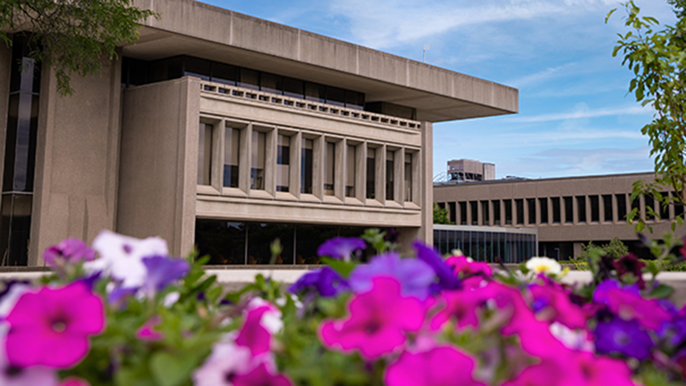 The Newhouse 1 building with flowers in the foreground