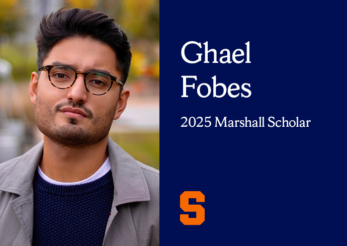 headshot of Ghael Fobes on left side and navy rectangle reading "Ghael Fobes 2025 Marshall Scholar" on right side