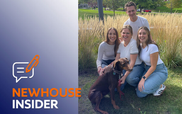 Photo illustration of four people smiling around a dog to the right of a blue rectangular box that includes the words "Newhouse Insider"