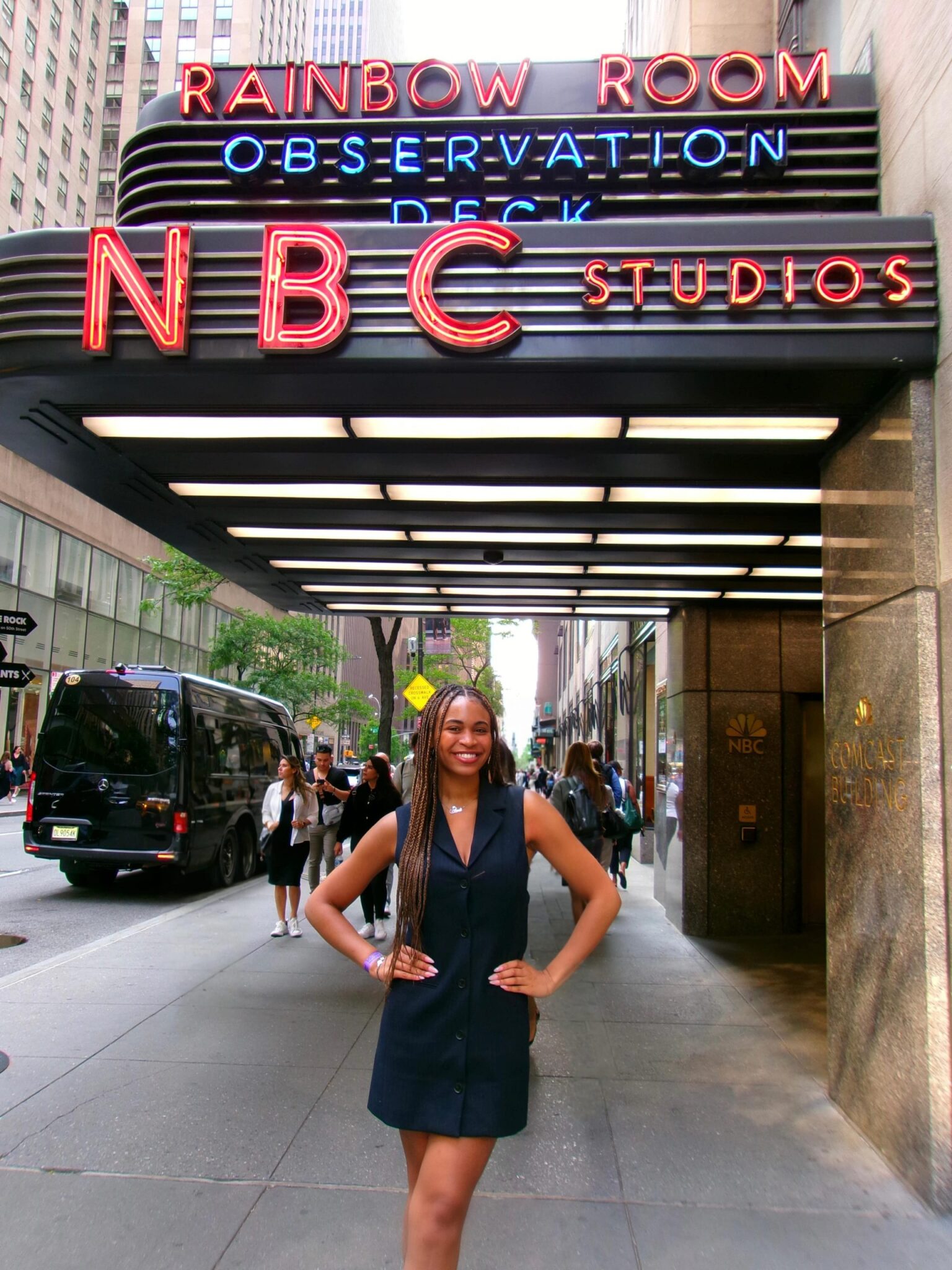 Andrea-Rose Oates stands outside the NBC studios in NYC
